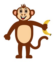 Brown monkey smiling and standing with brown eyes holding a banana