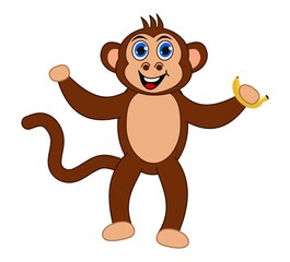Brown monkey smiling and standing with blue eyes holding a banana