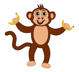 Brown monkey smiling and standing with brown eyes holding a banana