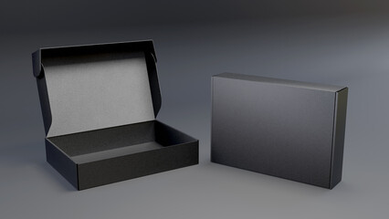 Black product box template. Opened and closed box mockup - obrazy, fototapety, plakaty