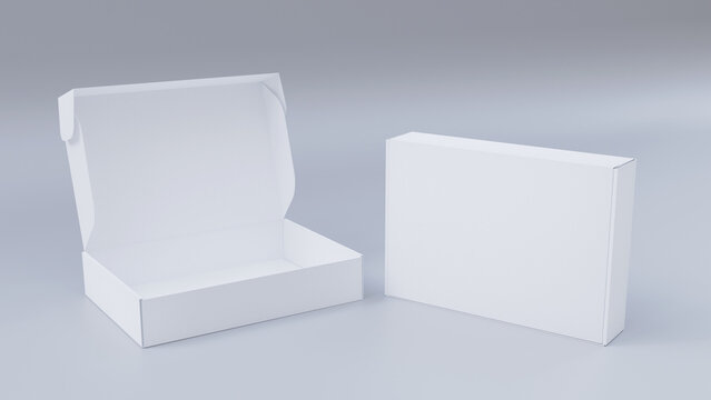 White product box template. Opened and closed packaging boxes. Mailing box