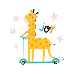 Card with cute giraffe on a scooter. Kids print. Vector hand drawn illustration.