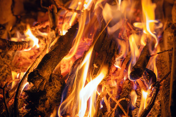 Bright flame of a burning fire in the dark