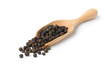 Black peppercorns (Black pepper) in wooden scoop isolated on white background.