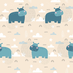 Seamless pattern with hippo. Kids print. Vector hand drawn illustration.