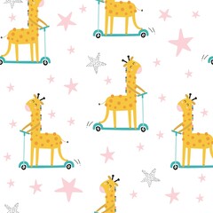 Seamless pattern with cute giraffe on a scooter. Kids print. Vector hand drawn illustration.