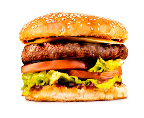 beef hamburger, with tomato cheese and lettuce isolated on white background