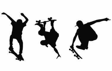 Skateboarders. Skaters. Three silhouettes of skateboarders. The shadows of the skaters. Skaters perform tricks. Stencils