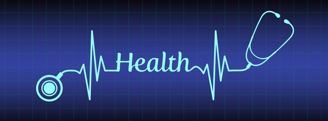 Abstract stethoscope with health text, ekg line design on blue monitor background. Healthcare symbol to use in health industry, cardiology, medical care, hospital, health science projects. 