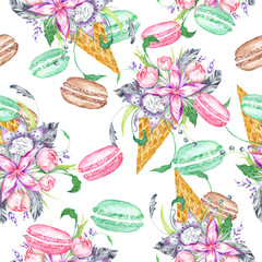 Floral Ice Cream and macaroon watercolor pattern - 497286997