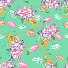Floral Ice Cream and macaroon watercolor pattern - 497287138