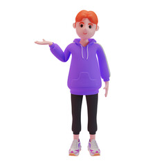 young boy presenting something. 3d character. 3d illustration.