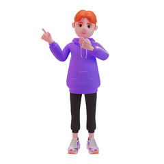 young boy pointing fingers in direction. 3d character. 3d illustration.