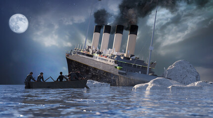 the Titanic ocean liner after it struck an iceberg in 1912 off the coast of Newfoundland in the Atlantic Ocean render 3d - obrazy, fototapety, plakaty