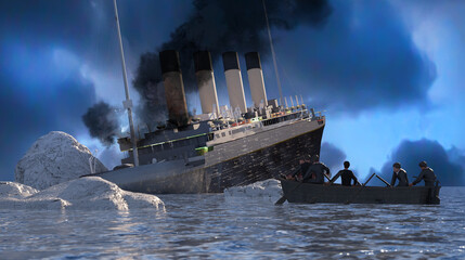 the Titanic ocean liner after it struck an iceberg in 1912 off the coast of Newfoundland in the Atlantic Ocean render 3d - obrazy, fototapety, plakaty