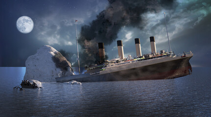 the Titanic ocean liner after it struck an iceberg in 1912 off the coast of Newfoundland in the Atlantic Ocean render 3d - 497287392