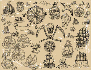 Obraz premium Design set with old pirate map elements - sailboat, crossbones, unknown islands of treasures, sea monsters. Marine vintage vector illustrations with adventure concept, doodle drawings