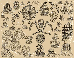Papier peint photo Sirène Design set with old pirate map elements - sailboat, crossbones, unknown islands of treasures, sea monsters. Marine vintage vector illustrations with adventure concept, doodle drawings  © samiramay