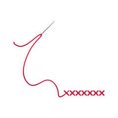 Color embroidery icon. A needle with a red thread embroidering crosses. A symbol of needlework. Vector illustration isolated on a white background for design and web.
