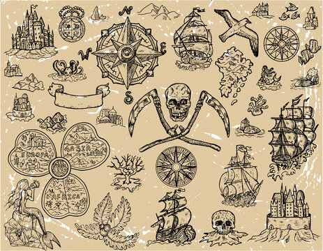 Design set with old pirate map elements - sailboat, crossbones, unknown islands of treasures, sea monsters. Marine vintage vector illustrations with adventure concept, doodle drawings