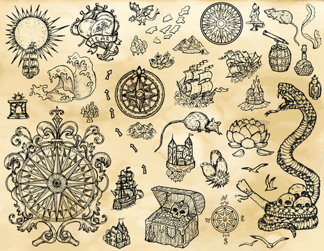 Design set with old pirate map elements - sailboat, baroque compass,  treasures, sea monsters, tattoo symbols. Marine vintage vector illustrations with adventure concept, doodle drawings