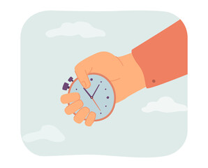 Hand holding timer flat vector illustration. Person with stop-watch or timekeeper running out clock. Countdown, time management concept for banner, website design or landing web page