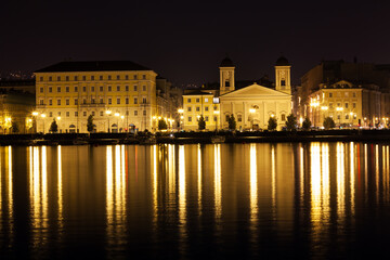 Waterfront of Trieste by night - obrazy, fototapety, plakaty