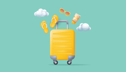 Time to travel concept banner with suitcase, flip flops, sunglasses, Sunscreen. Vector illustration in 3D cartoon style