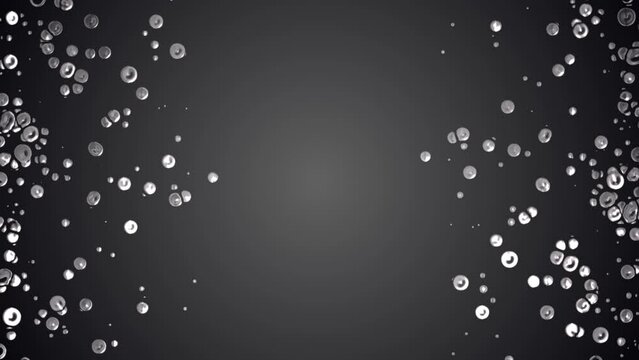 Animated dot background. Moving towards drops, splashes of mercury. Liquid metal. Transformer. Plexus silver circles, spheres. Collision particles. Force attraction. Business, technology, science. 4k