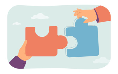 Hands holding puzzles flat vector illustration. People collecting pieces of puzzle as sign of teamwork, business strategy or solution. Cooperation concept for banner, website design or landing web