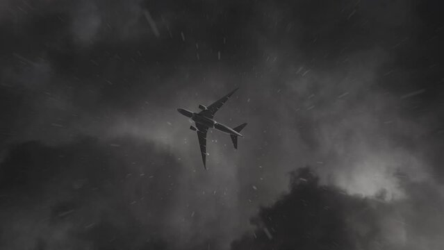 The plane flying in the rain.The plane flying under dark clouds on a rainy day 3D rendering