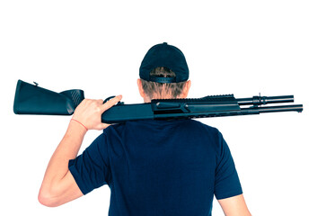 Hunter holding a rifle over his shoulder isolated on white background