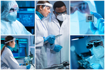 Microelectronics engineers work in a modern scientific laboratory on computing systems and...