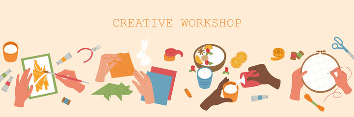 Set of various types handmade crafts. Painting, origami, candles making, embroidery. Creative workshop for children. Hand drawn vector illustration isolated on light background. Flat cartoon style.