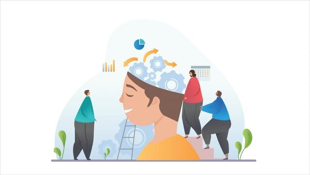 Positive thinking and Mental health video concept. Moving characters put gears and cogs in head of smiling man. Psychological balance of mechanism of thinking. Gradient graphic animated cartoon
