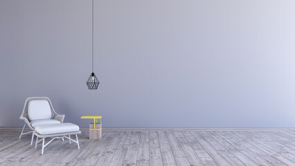 Home interior grey wall mock up with armchair, ottoman, end table and hanging lamp on empty gray background, Scandinavian style living room, 3D rendering