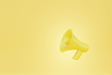 ภาพประกอบเรนด์เดอร์ MegaFon 3D, ไอคอนโทรโข่ง, ไมโครโฟนประกาศ การสื่อสาร หรือการเตือน โทรโข่งสีเหลือง บนพื้นหลังสีเหลือง