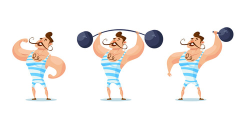 Circus strongman in different poses. Man in cartoon style. © KurArt