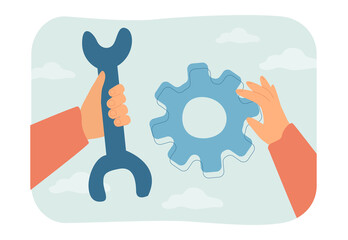 Wrench and gear in persons hands flat vector illustration. Handyman or engineer holding tools or equipment. Occupation, technical service, repair concept for banner, website design or landing web page
