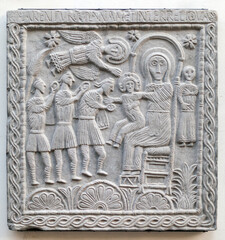 Fototapeta na wymiar Ancient holy carving in stone from cathedral of Cividale del Friuli Italy