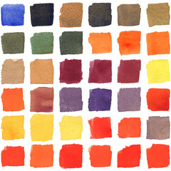 Multicolored brush strokes with watercolor texture. Gradients with overlay. Paper texture. White background.