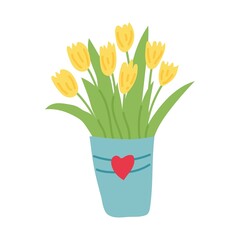 Handdron bucket with tulips. Flat vector illustration isolated on a white background.