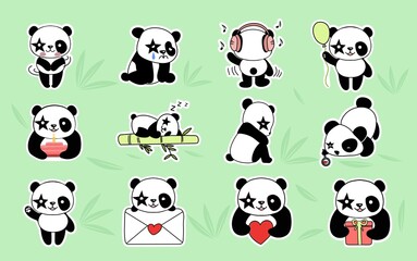 Fototapeta premium A set of stickers friendly cute panda. Hand drawn vector icon. Illustration in modern style for clothes, print, labels, stickers.