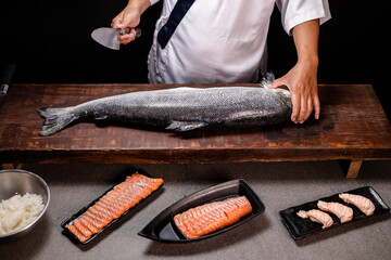 Chef's hand holding fresh piece of salmon.Closeup of chef hands preparing japanese food. Japanese...