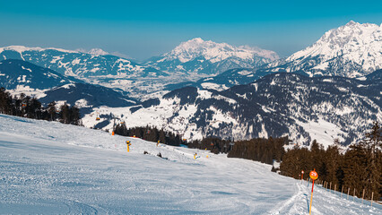 Fototapeta na wymiar Beautiful alpine winter landscape shot at Maria Alm, Salzburg, Austria