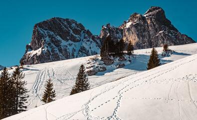 Beautiful alpine winter landscape with the famous Aggenstein summit in the background at Breitenberg, Bavaria, Germany