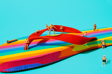 miniature men on a rainbow flip-flop