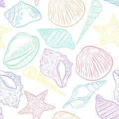 Multicolored seashells seamless pattern. Different seashells background. Marine oceanic template for fabric, paper, wallpaper design vector illustration