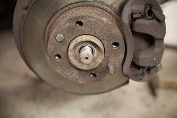 Close up Car brake part at garage, Old and dirty