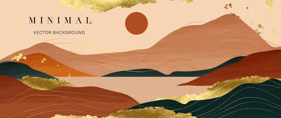  Abstract landscape mountain background. Luxury watercolor wallpaper design with sun, lake, gold wave line and golden foil texture. Elegant sunset view for cover, banner, decoration, poster. © TWINS DESIGN STUDIO